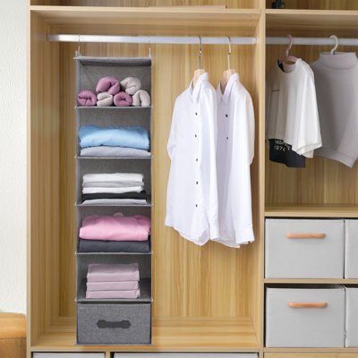 6-Layer Hanging Closet Organizer for Small Spaces, 52" Gray Linen Shelves