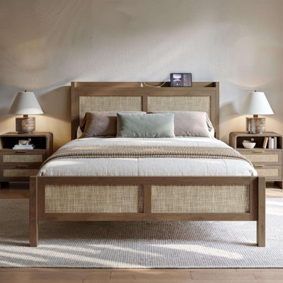 Rattan Bed Frame Queen Size with Headboard, Boho Queen Platform Bed with Charging Station, No Box Spring Needed