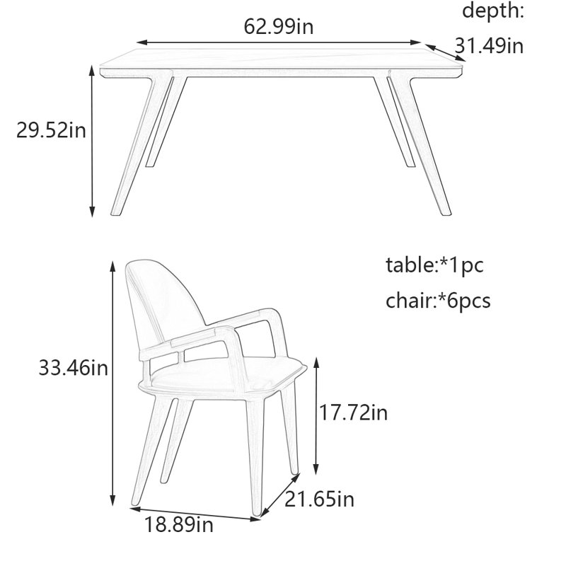 Stylish rock plate dining table and chair set, 29.52"H x 62.99"L x 31.49"W