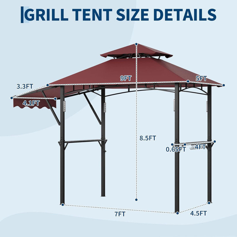 8x5 ft Double-Tier Grill Gazebo with Side Awnings, 4 LED Lights, 2 Shelves, 10 Hooks & Bottle Opener, Heavy Duty Steel Frame for Patio, Backyard, Garden, Deck