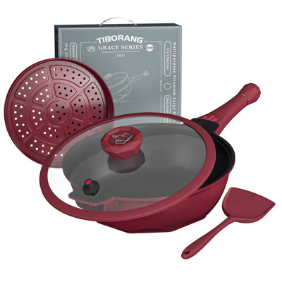  Poêle à frire antiadhésive, grand wok de 5 pintes, poêle profonde avec couvercle, poignée qui reste froide, grille cuite à la vapeur, sans pfoa, va au lave-vaisselle et au four, fonctionne avec toutes les cuisinières (rouge ruber)