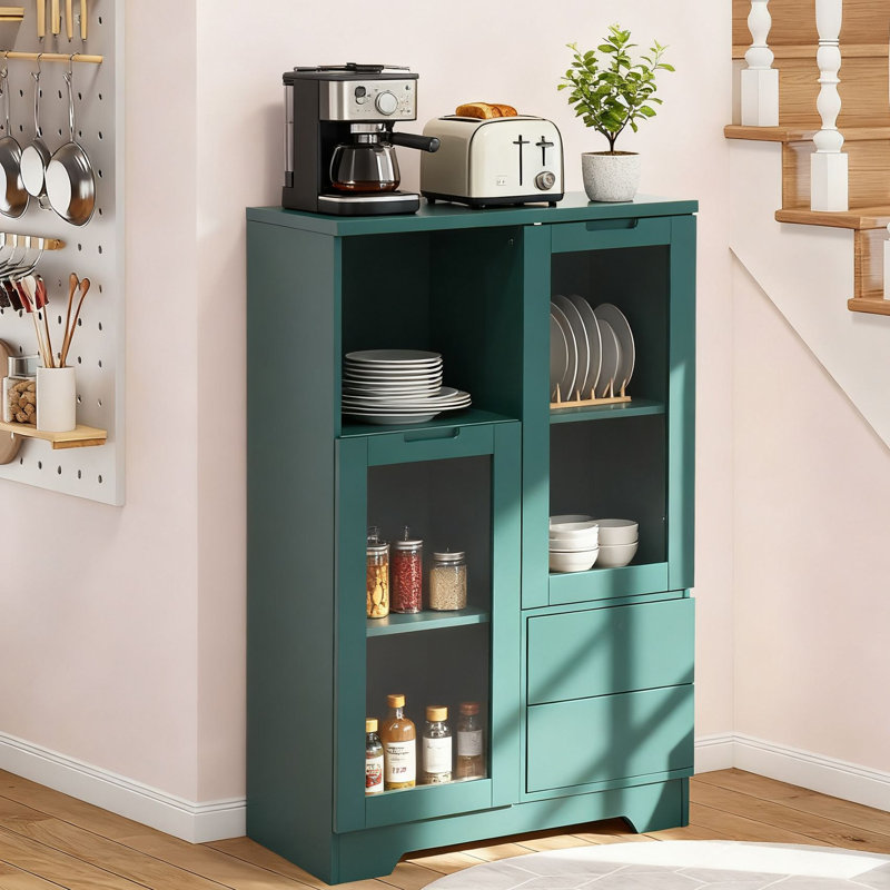 Buffet de rangement de style moderne avec tablettes réglables, tiroir et portes en verre pour la maison et le bureau, salle à manger