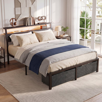 Full-Size Steel Bed Frame with Pull‑Out Storage Box, Phone‑Controllable LED Lights and AC USB Type‑C Charging Station For Bedroom