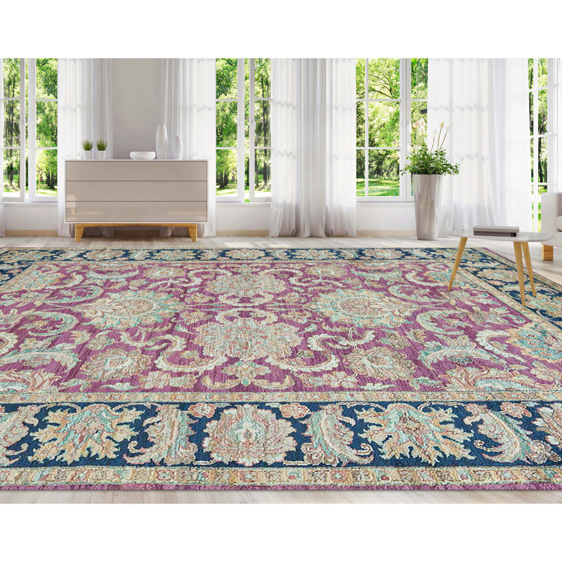 Tapis rouge et bleu noué à la main de haute qualité