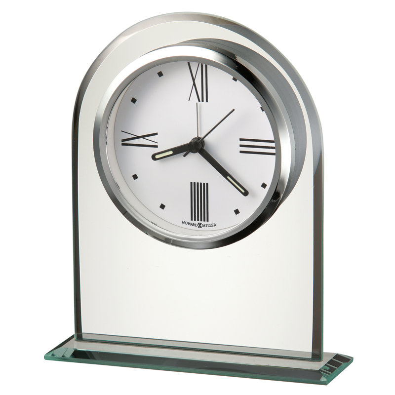 Horloge de table moderne et contemporaine Regent, arche de verre biseautée sur base en verre, cadran à chiffres romains, mouvement à quartz
