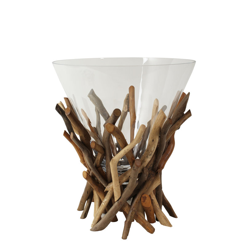Vase Glass Driftwood Pedestal Vitex Parviflora Lg, 17.72"