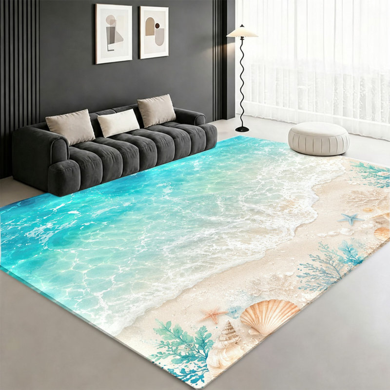 Tapis de plage à motif vagues océaniques, sable, coquillages et eau turquoise réalistes, design artistique, antidérapant, décoration intérieure vibrante pour salon, chambre, entrée, cuisine, balcon, appartement