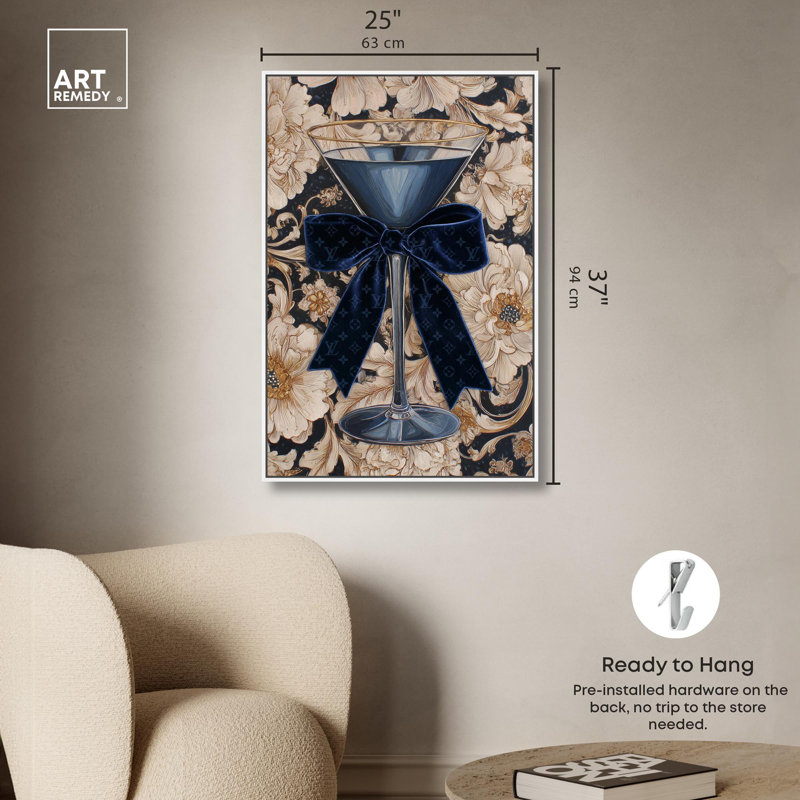 «Blue Velvet Martini Glam», reproduction d'art sur toile par Art Remedy, H 45 po x l 30 po, Cadre doré