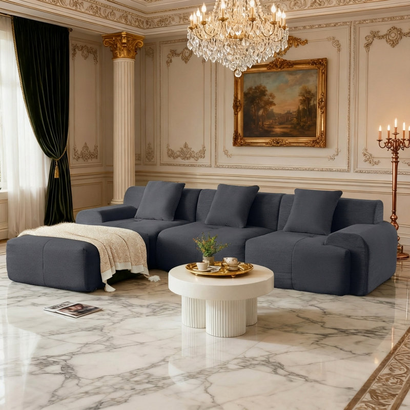 Boneless 113" Modern L-Shaped Modular Sectional Sofa for Living Room, Corduroy Upholstery, Oversized 3-Seater Couch with Deep Seat and Movable Ottoman – No Assembly