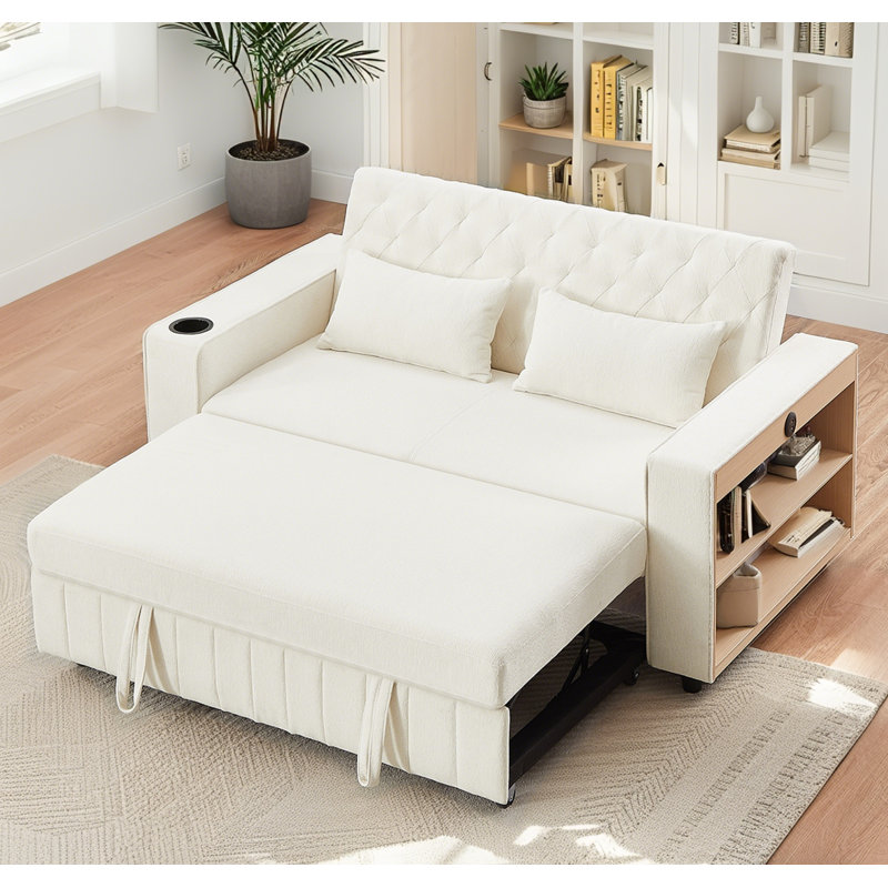 Canapé-lit coulissant, dossier réglable à 3 positions et ports USB, Beige