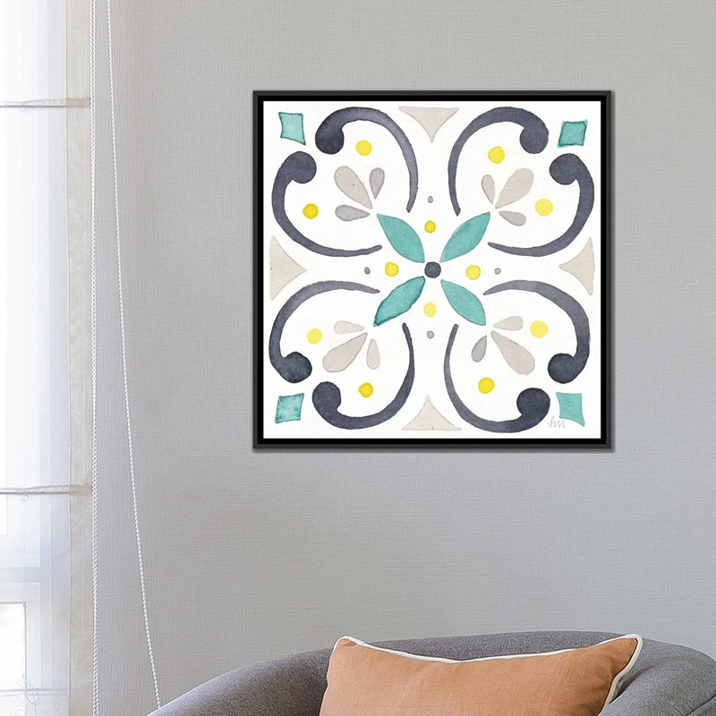 « jardin escapade tile iv white », reproduction sur toile, H 18 po x l 18 po x P 1,5 po, Toile encadrée noire, Pas de tapis
