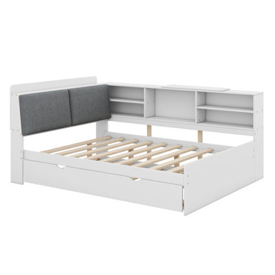 Solid Wood Daybed Frame With Trundle, Upholstered Storage Headboard, Shelves And Rotatable Board by Red Barrel Studio