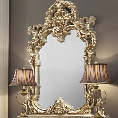 Hand Carved Ornate Wall Mirror in Marbled Metallic Gold Finish