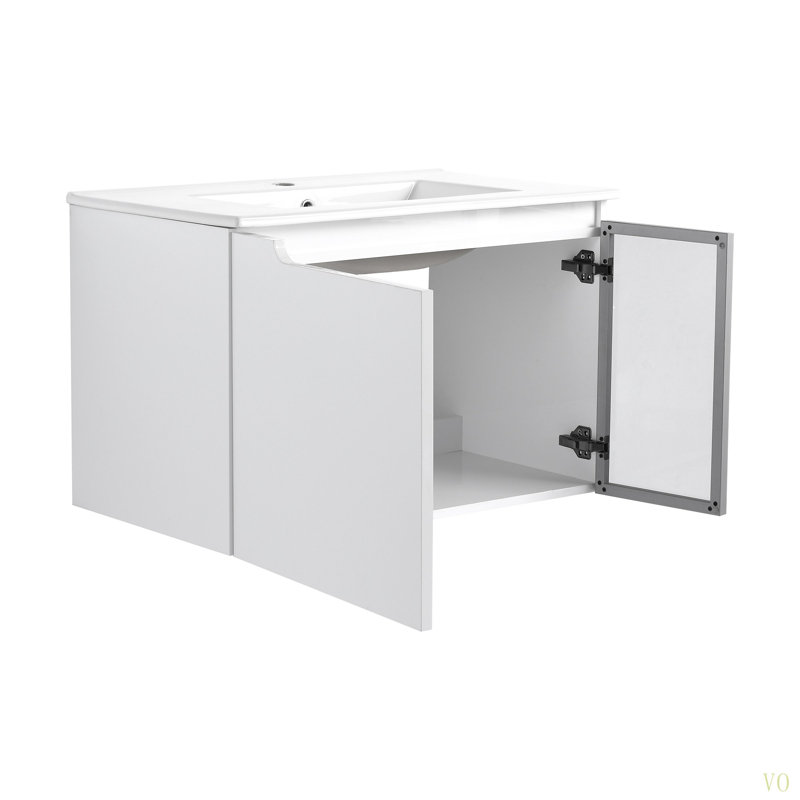 Meuble-lavabo mural 30 po avec lavabo en céramique, 2 portes à fermeture en douceur, meuble-lavabo et demi-porte en verre, contreplaqué (emballage KD)