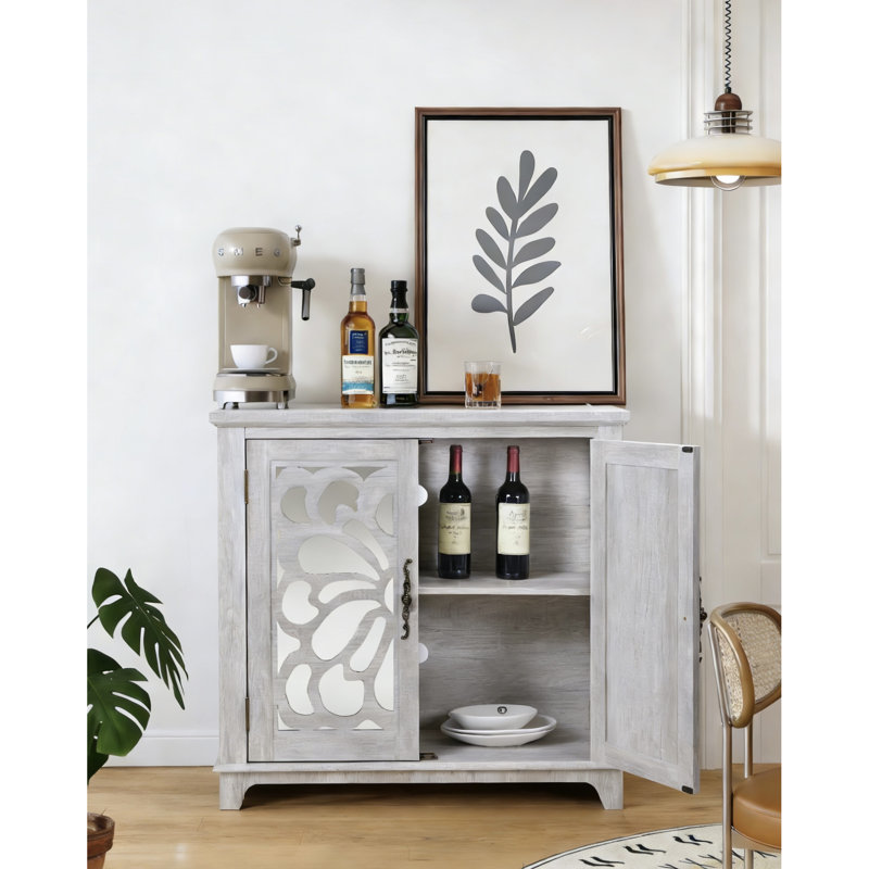 Buffet spacieux en gris, 2 portes en miroir, tablette réglable, de haute qualité, pour le salon et l'entrée avec rangement, accent creux en acrylique, support, multicolore