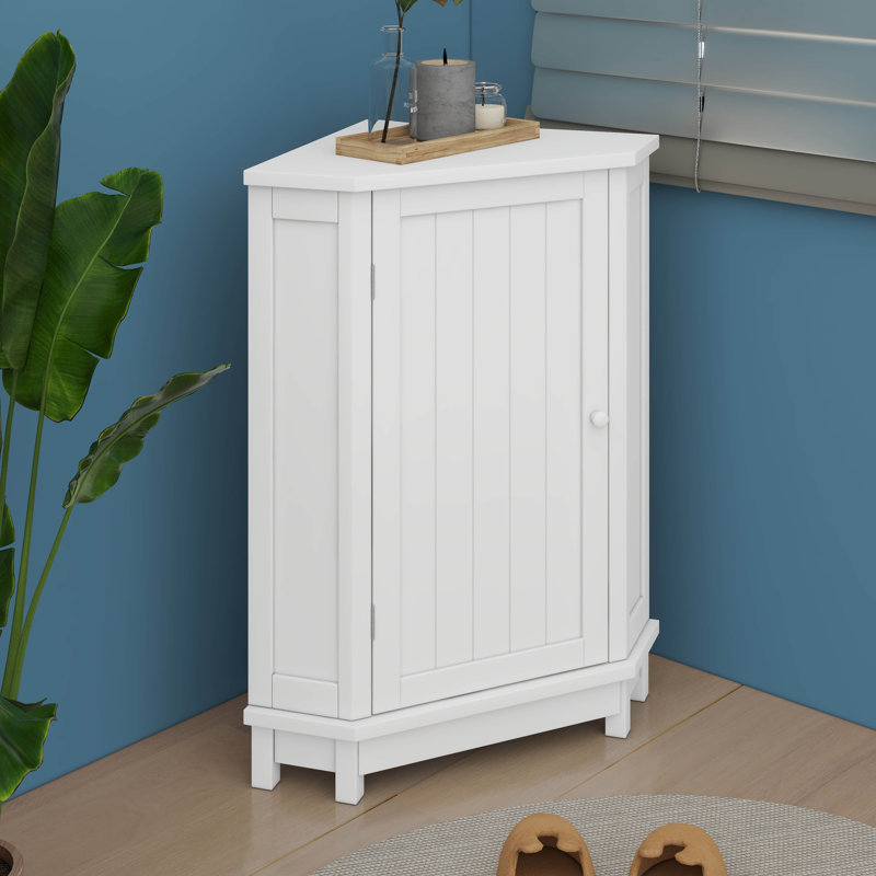 Corner Storage Cabinet With Doors, Triangle Bathroom Cabinet With Adjustable Shelves, White