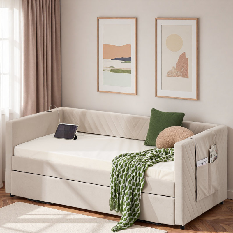 Lit de jour rembourré avec couchette, port USB et poches latérales, Beige