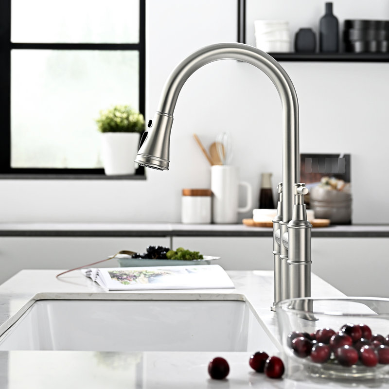 3 Hole Brushed Nickel Kitchen Faucet, Pull Down , 2 Handles, Modern And Classic Faucet For Sink, Handle, Construction