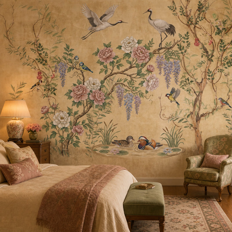 Papier peint chinois, pivoines, oiseaux, pivoines, 120"x96", Textured Non-Pasted