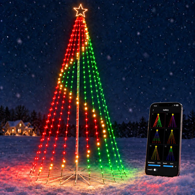 Arbre de Noël intelligent pré-éclairé pour application de décoration extérieure Arbre de Noël à changement de couleur contrôlé RVB-IC avec application Hello Fairy, plus de 100 motifs de lecture de boucle de bricolage, contrôle de groupe de minuterie pour l'affichage de jardin