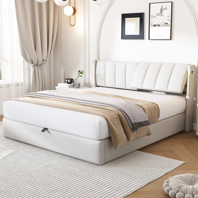 Upholstered Storage Bed With Adjustable Headboard, USB And LED PU