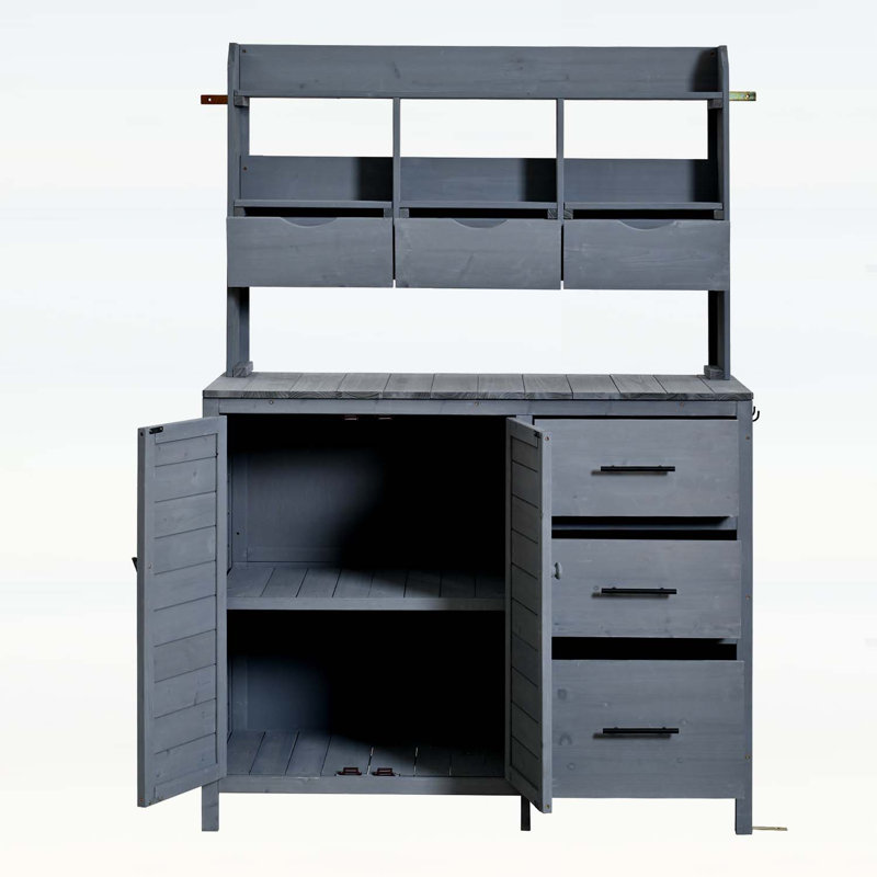 Farmhouse Patio Kitchen Island with 6 Drawers,Bottom Cabinet,and Side Hooks for Ample Storage and Versatility, Gray
