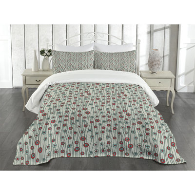 Ambesonne Geometric Bedspread Thin Lines with Dots Brown Cream Seafoam