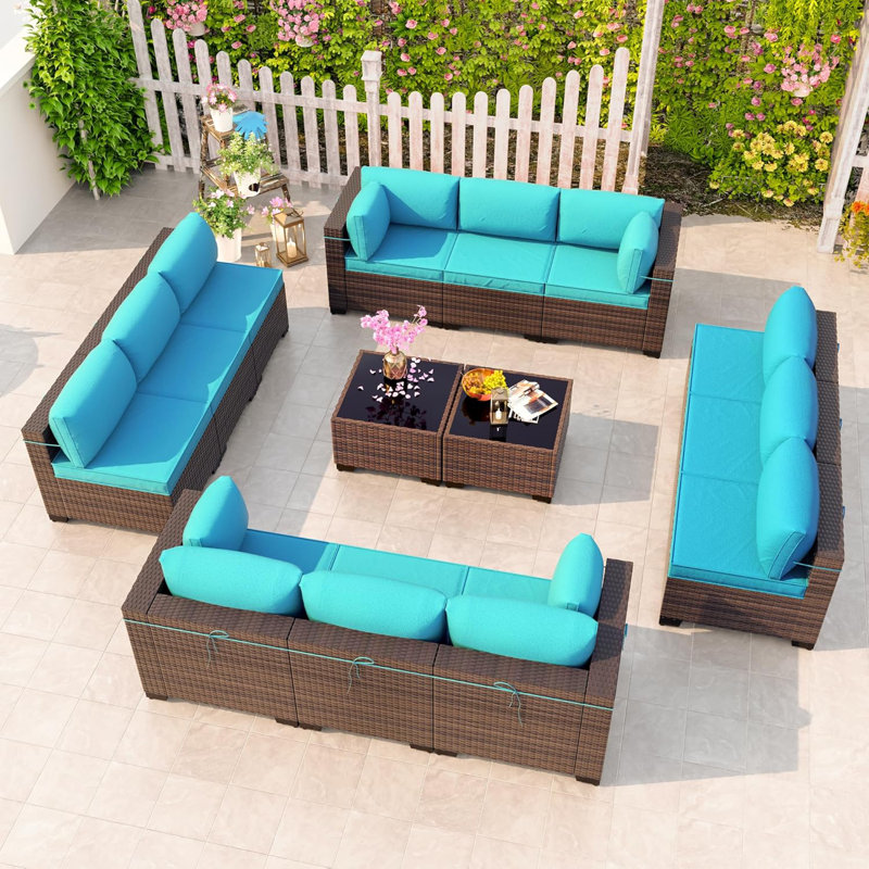 Demaio 14-Piece Rattan Sectional Seating Group With Cushions Modular Outdoor Furniture Set For Patio Garden And Poolside