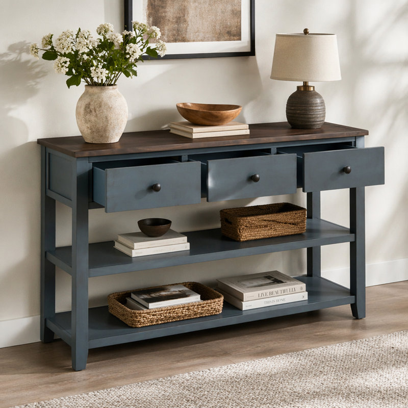 Console rétro avec deux tablettes ouvertes, structure et pieds en bois de pin massif, Brown / Navy, Brown, Navy