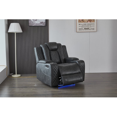 Fauteuil inclinable électrique moderne en similicuir avec bras de rangement cachés, porte-gobelets, ports de charge USB-C / USB et rembourrage moelleux