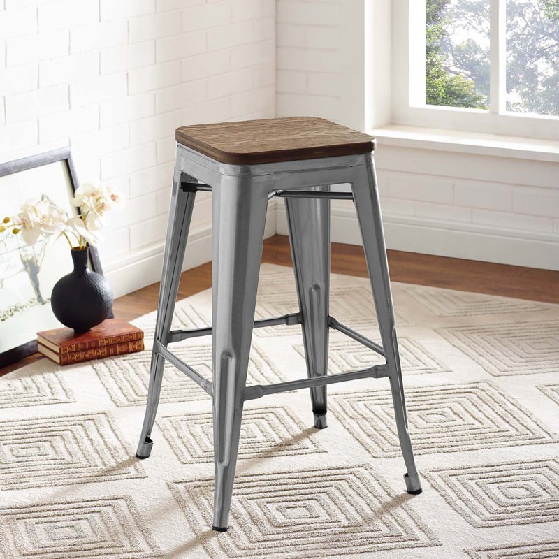 Gunmetal Industrial Metal and Bamboo Backless Counter Stool