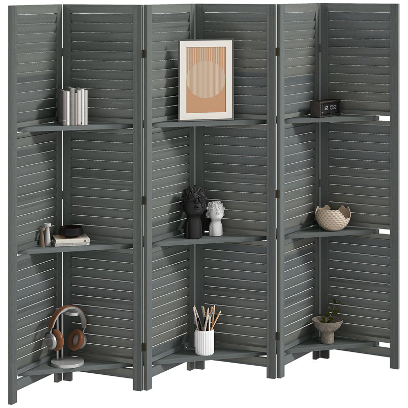 Paravent, écran d'intimité en bois à 6 panneaux de 67 po de hauteur avec 3 tablettes de présentation et rangement pliant pour la chambre à coucher ou le bureau personnel, gris
