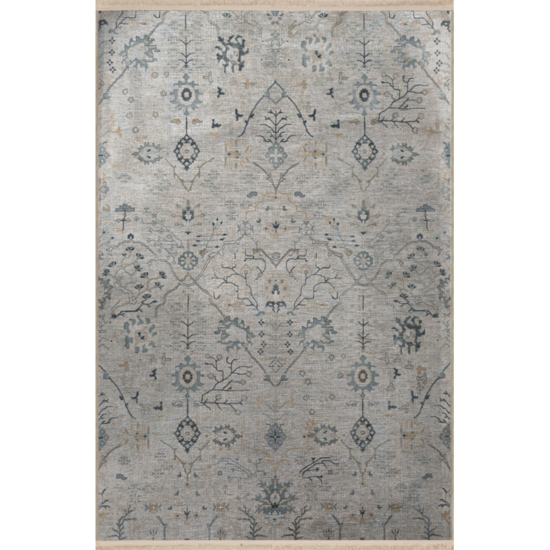 Tapis décoratif gris à motif floral gris et beige, Rectangle 4 pi 4 po x 6 pi 3 po