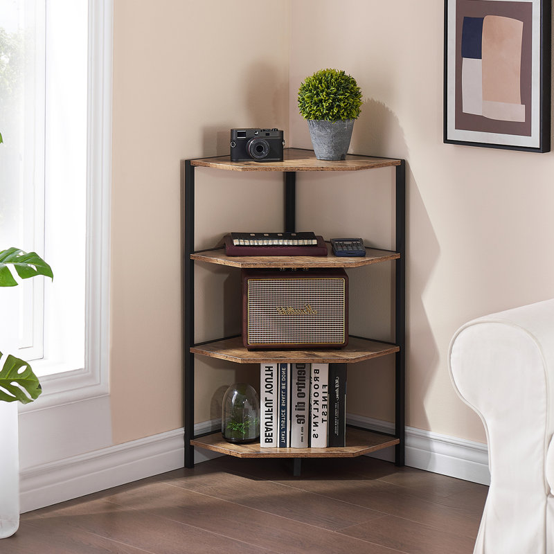 Kempst 4-Tier Corner End Table Triangular Sofa Table Corner Cabinet For Living Room, Grey Top/Black Base