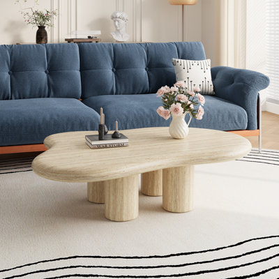 Table basse de 47 po en forme de nuage moderne, bois de qualité supérieure avec texture de travertin, beige