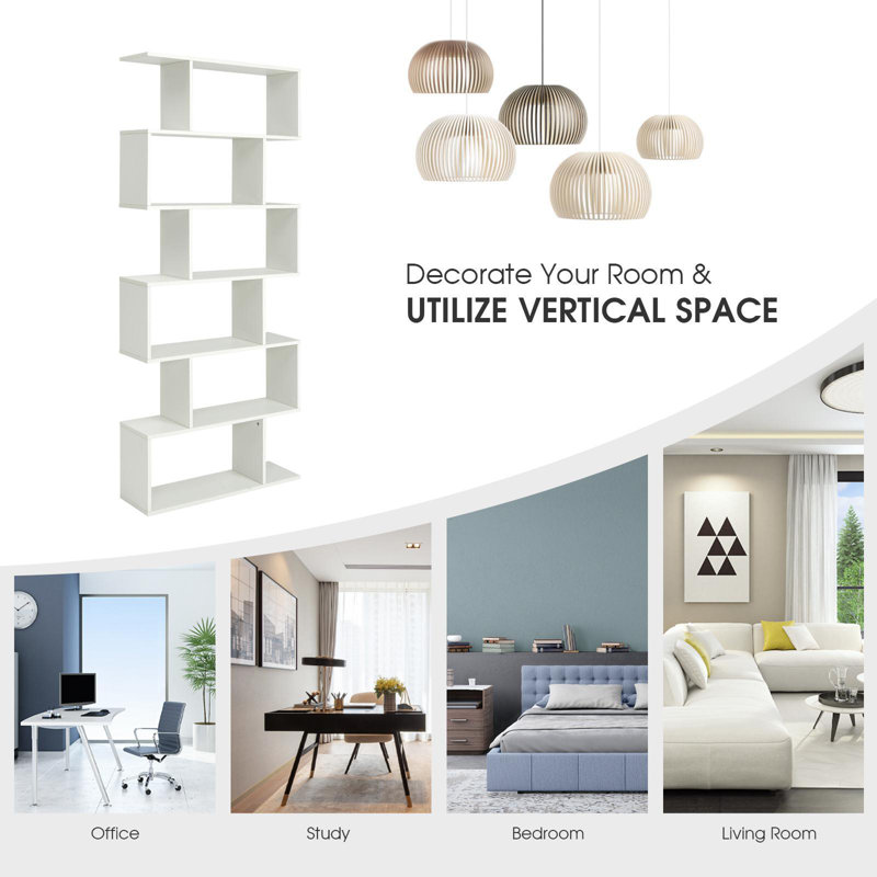 White S-Shaped 6-Tier Wooden Geometric Bookcase