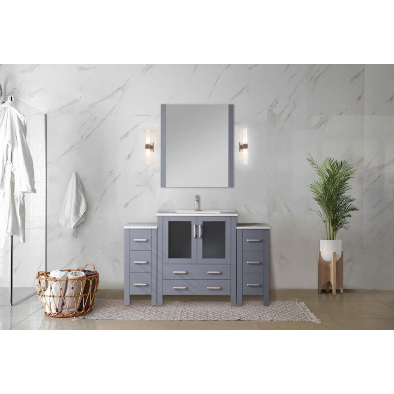 Meuble-lavabo simple gris foncé l 54 po x P 18,25 po, avec armoires latérales et plateau en céramique blanche