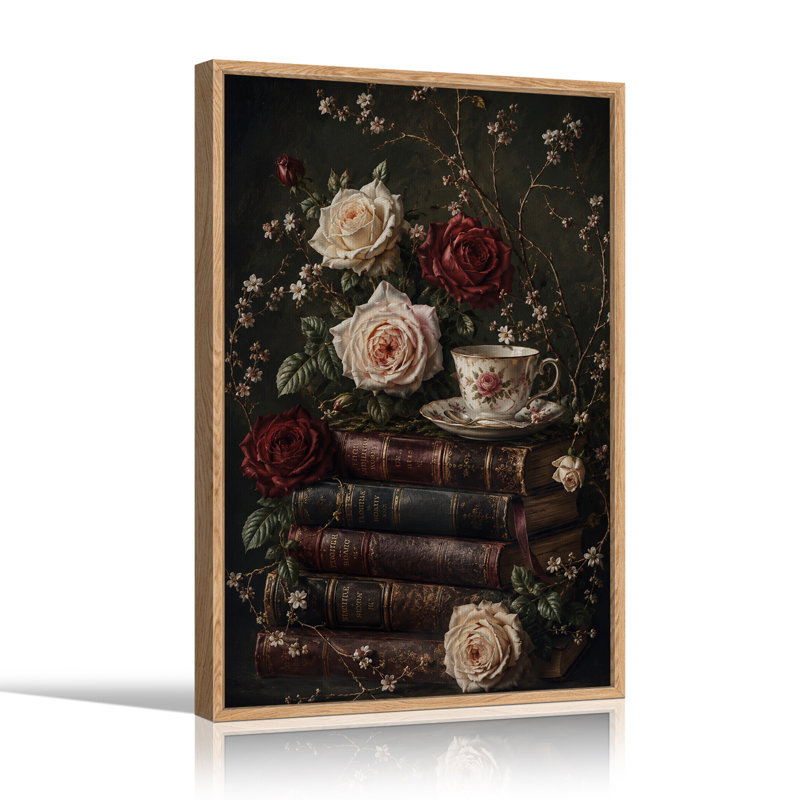 Pile de livres en cuir avec roses rouges et crème, art mural d'Halloween, H 36 po x l 24 po