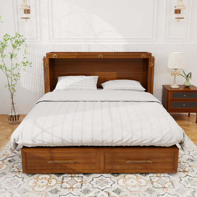 Queen Murphy Bed Cabinet with Charging Station & Drawers, Solid Wood, Elegant Farmhouse Style, Easy Assembly, Walnut Finish (Mattress Included)