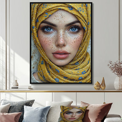 Musulman aux yeux bleus avec foulard à tête jaune - femme arabe, reproduction d'art
