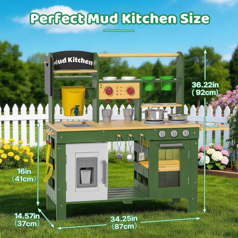 Kids Wooden Mud Kitchen Outdoor, Play Kitchen With Grill, Oven, Coffee Maker & Ice Maker, Water Tank Sink Set, Large Backyard Playset With Accessories For Toddlers & Kids