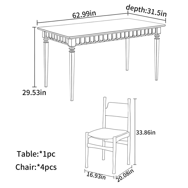 Table de salle à manger rectangulaire de style français, H 29,53 po x L 62,99 po x l 31,5 po
