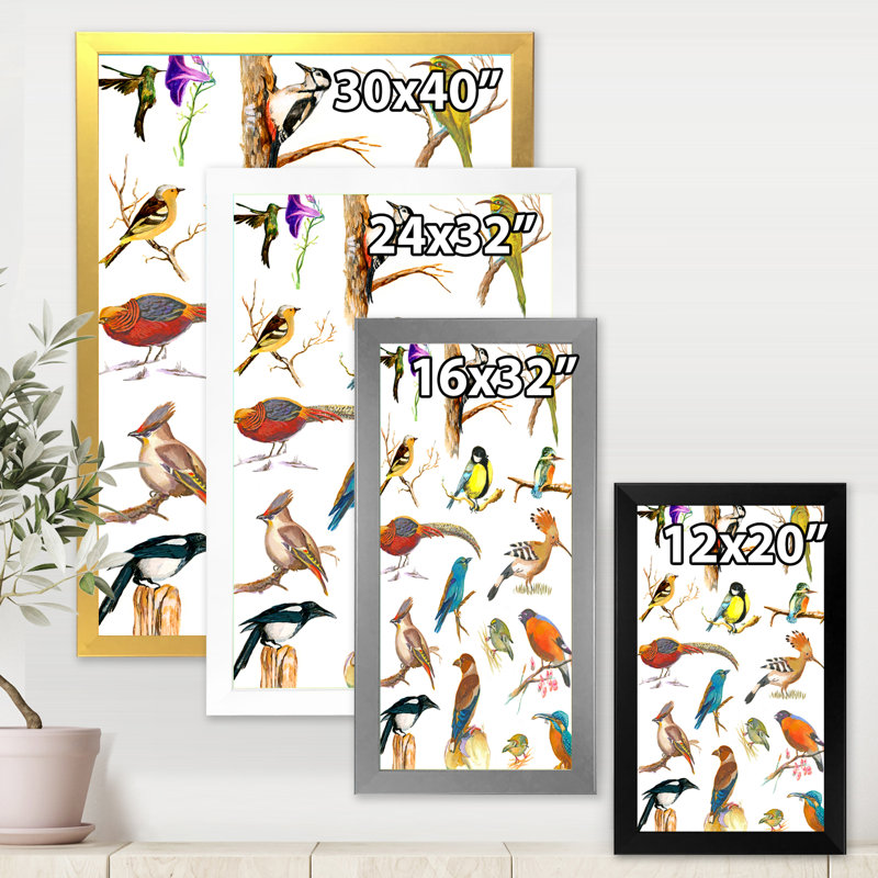 «Vibrant Coloured Birds Plancard», reproduction sur toile, H 32 po x l 16 po x P 1,5 po, Toile avec cadre noir