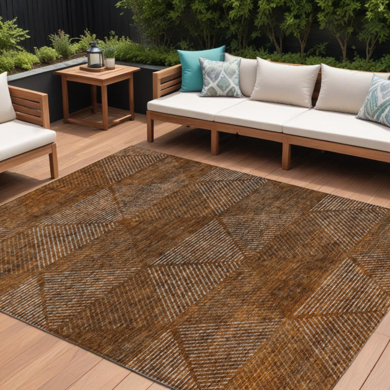 Tapis extérieur lavable à motif géométrique 10 pi x 14 pi cuivre et beige terre cuite