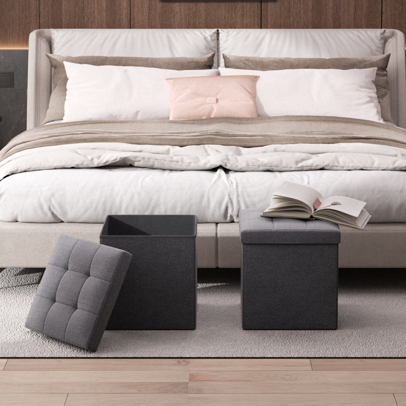 15" Cube Folding Ottoman With Storage, Cotton-Linen Collapsible Foot Stool, For Living Room, Bedroom Entryway, Dark Gray