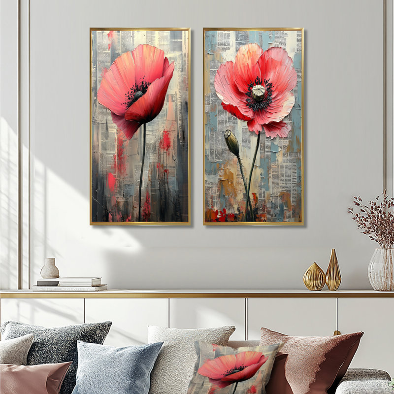 Rose délicat dansant de coquelicot I - ensemble d'art mural coquelicots 2 pièces, H 28 po x l 24 po, Cadre flottant doré