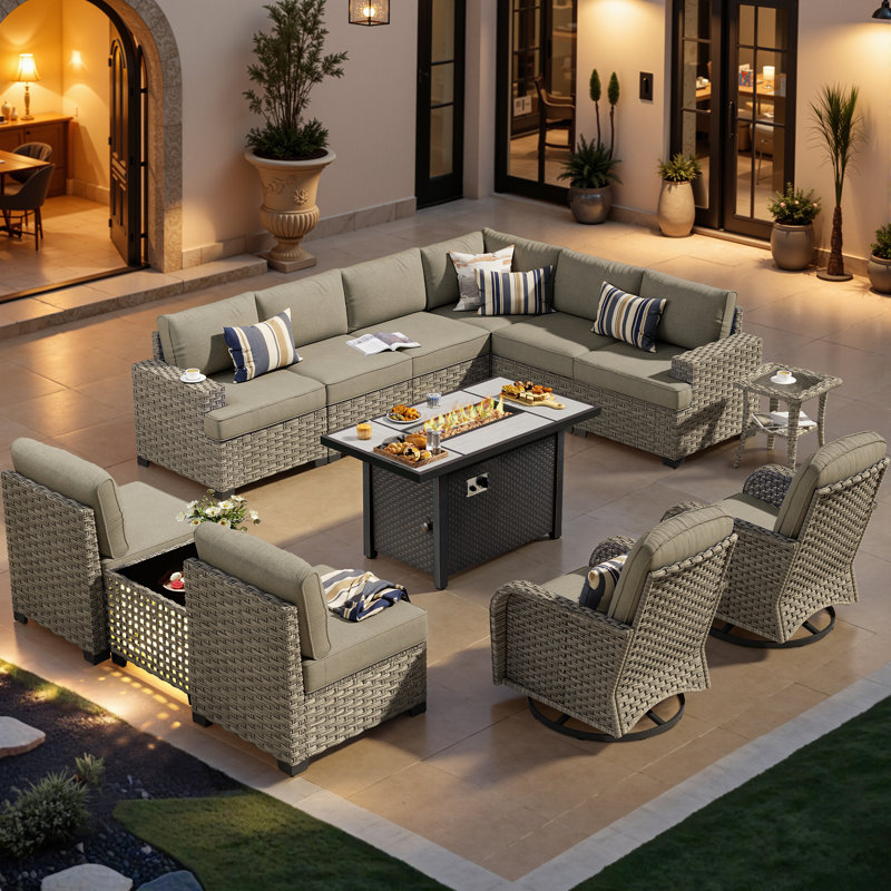 10-Person  Outdoor Sectional With Fire Pit,All-Weather Wicker Patio Set, Dark Gray