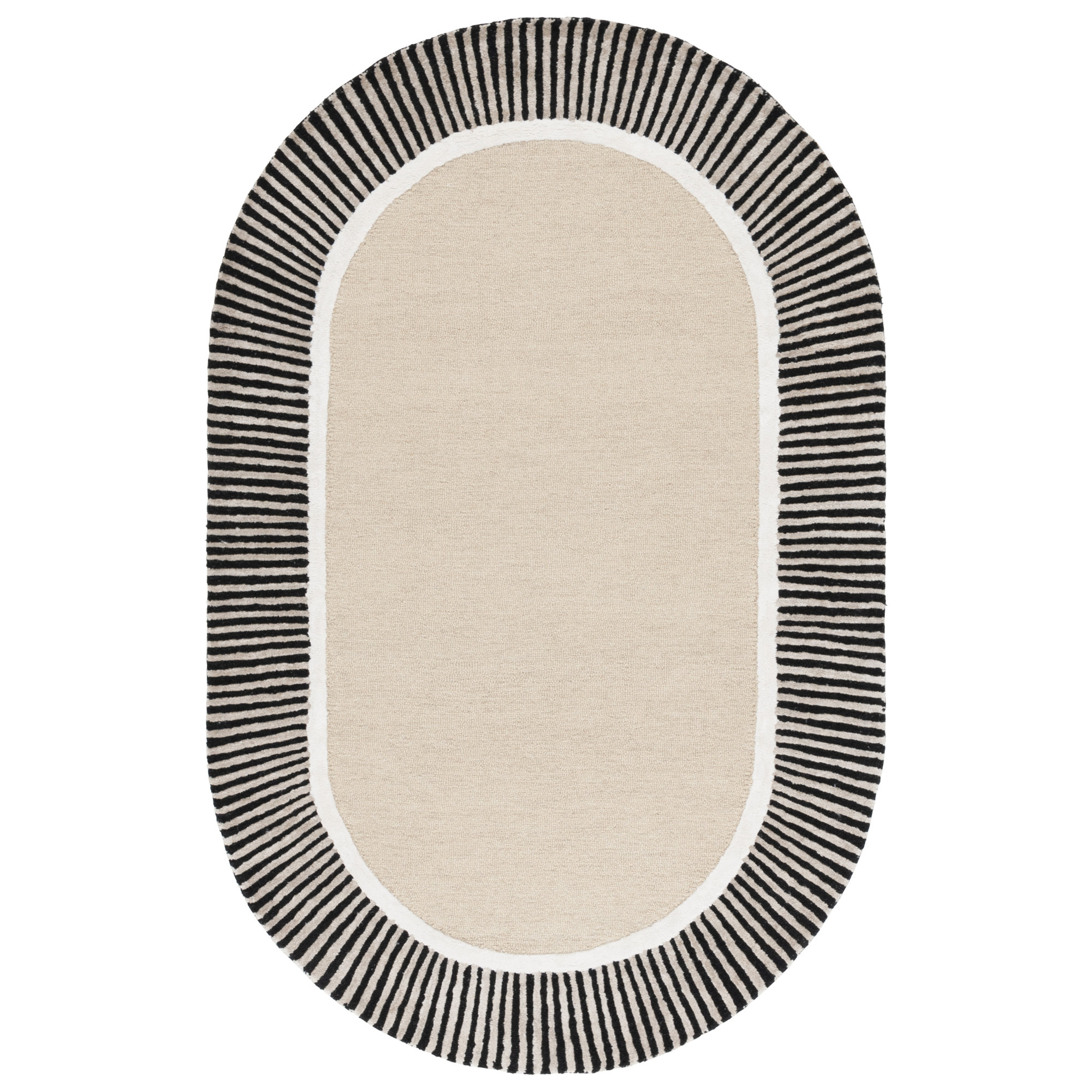 107 Hand Tufted Wool/Viscose/Cotton Striped Rug in Beige/Black, Oval 7' x 9'