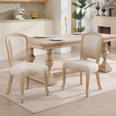 French Country Dining Chairs Set Of 2, Upholstered  Chairs With  Fan-Shaped Back, Wire Drawing And Carving Techniques ,Disassemblable ,  For Living Room, Kitchen , Beige