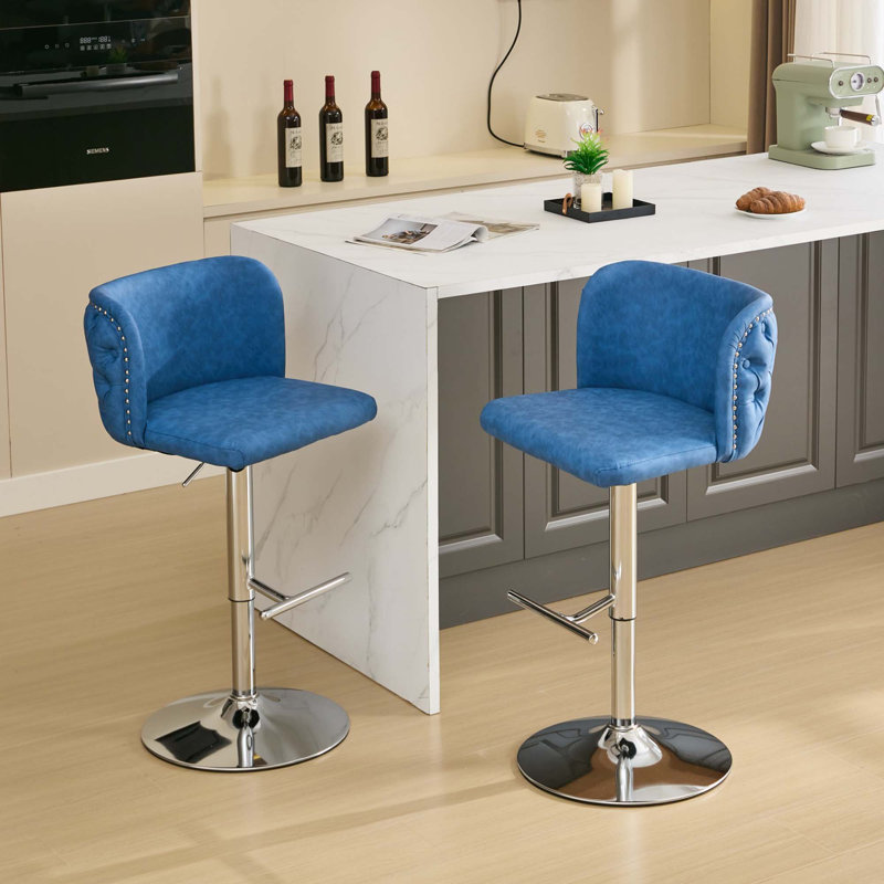 Jeneanne Upholstered Adjustable Height Counter Stool, Blue Leather, Chrome